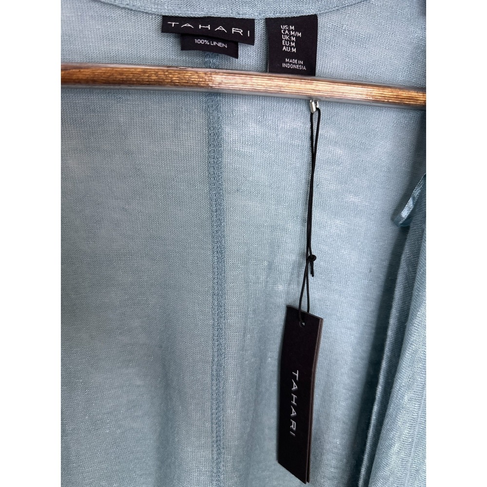 New Tahari 100% Linen Open Front Cardigan Dusty Teal Blue Longline Duster Medium - Picture 7 of 11